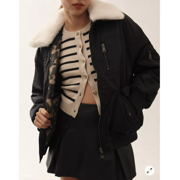 NVLT x ANTRHOPOLOGIE Jackets & Blazers - NVLT x Anthropologie Faux Fur Collar Bomber Jacket L Black Aviator Camo lined